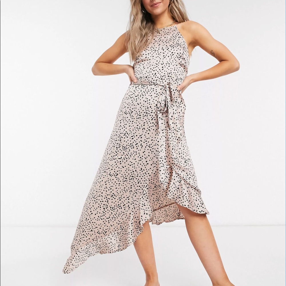 Midi dress by New Look - gold satin with black polka dot pattern
